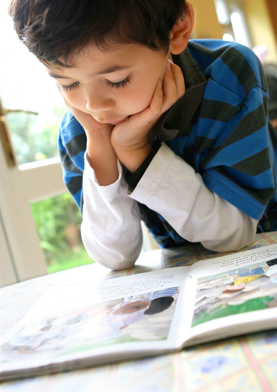 Young boy reading picture books to help with language development.